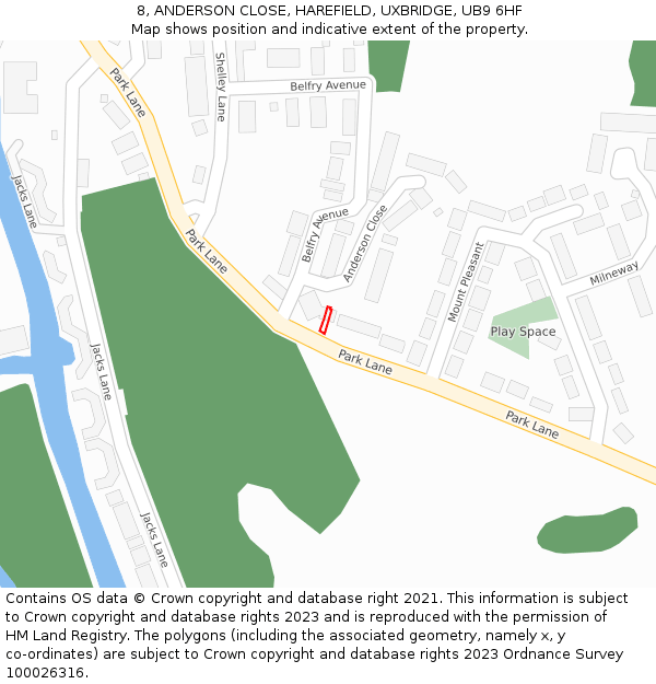 8, ANDERSON CLOSE, HAREFIELD, UXBRIDGE, UB9 6HF: Location map and indicative extent of plot