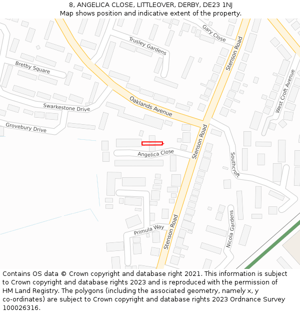 8, ANGELICA CLOSE, LITTLEOVER, DERBY, DE23 1NJ: Location map and indicative extent of plot