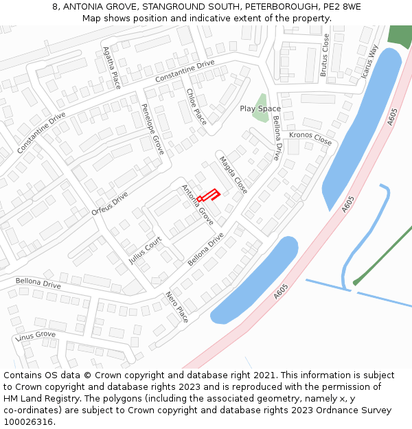 8, ANTONIA GROVE, STANGROUND SOUTH, PETERBOROUGH, PE2 8WE: Location map and indicative extent of plot