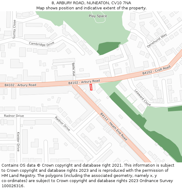 8, ARBURY ROAD, NUNEATON, CV10 7NA: Location map and indicative extent of plot