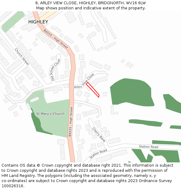 8, ARLEY VIEW CLOSE, HIGHLEY, BRIDGNORTH, WV16 6LW: Location map and indicative extent of plot