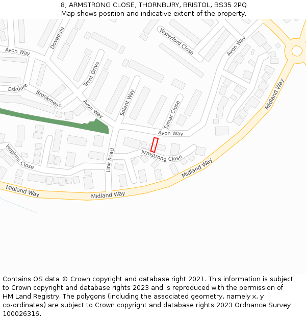 8, ARMSTRONG CLOSE, THORNBURY, BRISTOL, BS35 2PQ: Location map and indicative extent of plot