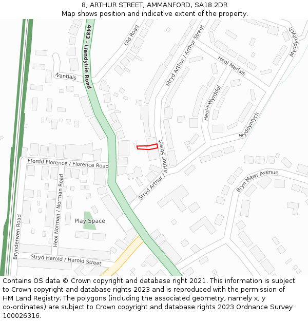 8, ARTHUR STREET, AMMANFORD, SA18 2DR: Location map and indicative extent of plot