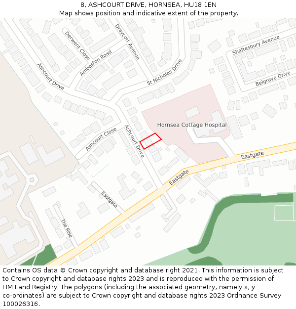 8, ASHCOURT DRIVE, HORNSEA, HU18 1EN: Location map and indicative extent of plot