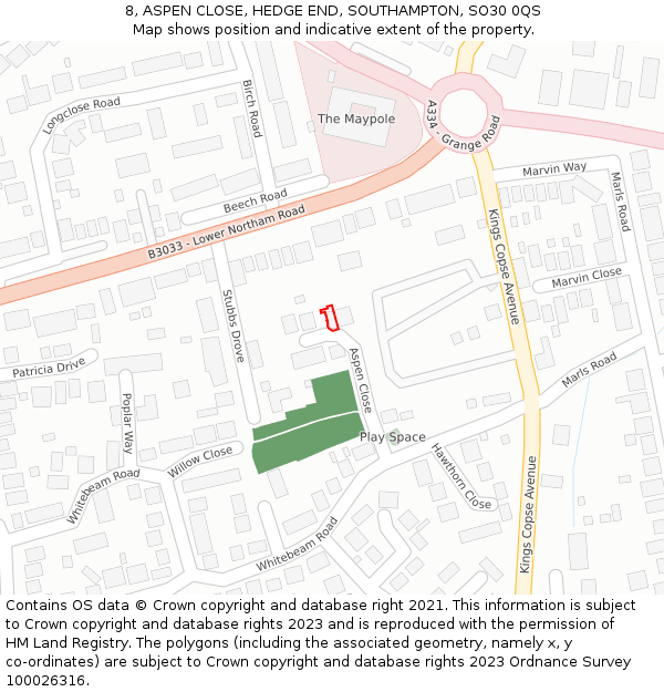 8, ASPEN CLOSE, HEDGE END, SOUTHAMPTON, SO30 0QS: Location map and indicative extent of plot