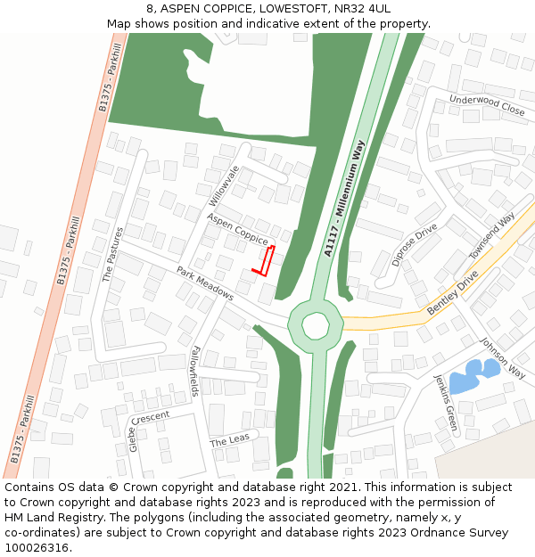 8, ASPEN COPPICE, LOWESTOFT, NR32 4UL: Location map and indicative extent of plot