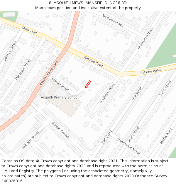 8, ASQUITH MEWS, MANSFIELD, NG18 3DJ: Location map and indicative extent of plot