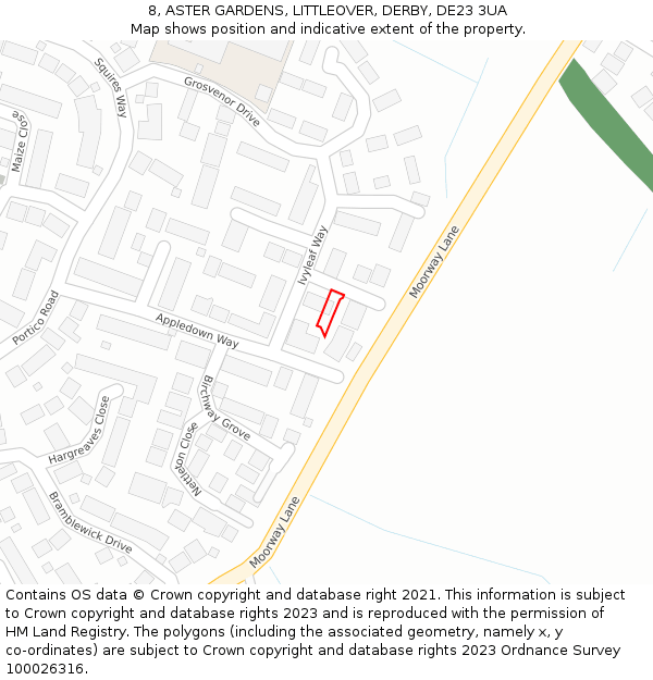 8, ASTER GARDENS, LITTLEOVER, DERBY, DE23 3UA: Location map and indicative extent of plot