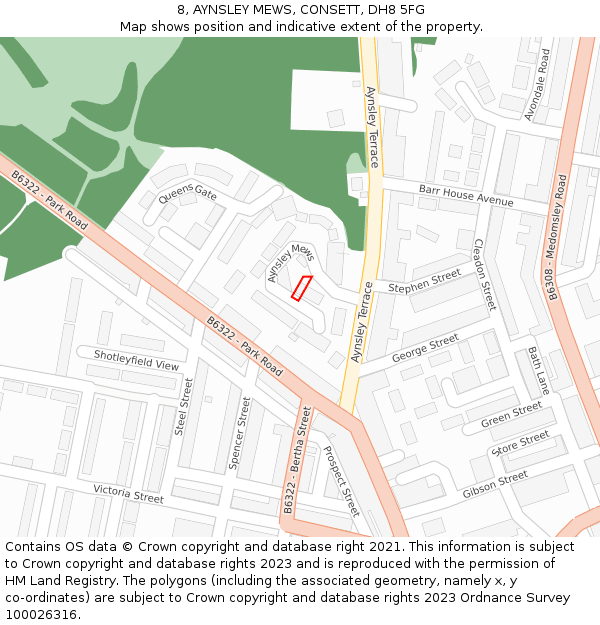 8, AYNSLEY MEWS, CONSETT, DH8 5FG: Location map and indicative extent of plot