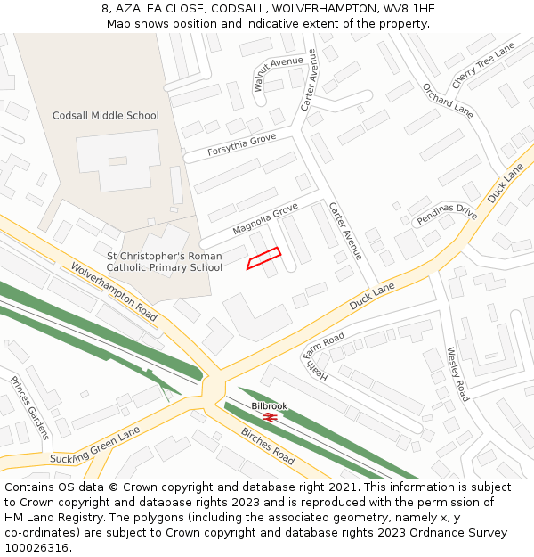 8, AZALEA CLOSE, CODSALL, WOLVERHAMPTON, WV8 1HE: Location map and indicative extent of plot