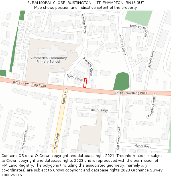 8, BALMORAL CLOSE, RUSTINGTON, LITTLEHAMPTON, BN16 3UT: Location map and indicative extent of plot