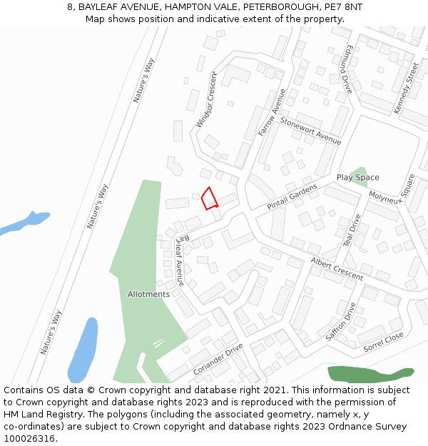 8, BAYLEAF AVENUE, HAMPTON VALE, PETERBOROUGH, PE7 8NT: Location map and indicative extent of plot