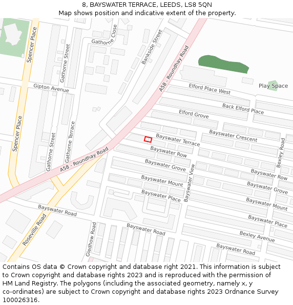 8, BAYSWATER TERRACE, LEEDS, LS8 5QN: Location map and indicative extent of plot