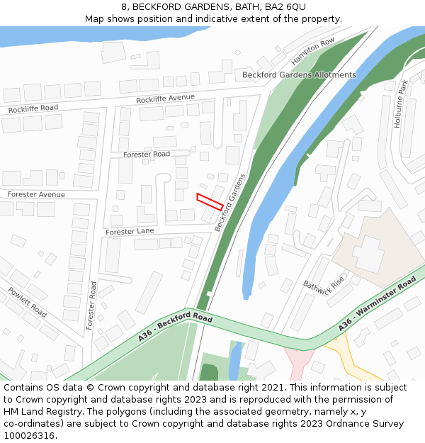 8, BECKFORD GARDENS, BATH, BA2 6QU: Location map and indicative extent of plot