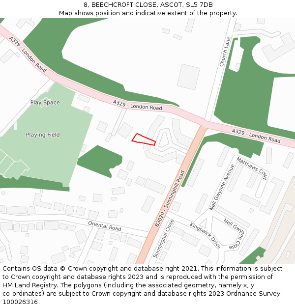 8, BEECHCROFT CLOSE, ASCOT, SL5 7DB: Location map and indicative extent of plot