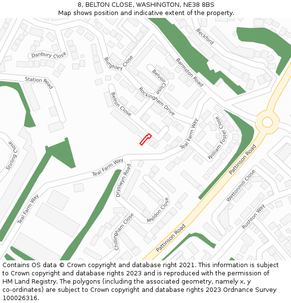 8, BELTON CLOSE, WASHINGTON, NE38 8BS: Location map and indicative extent of plot