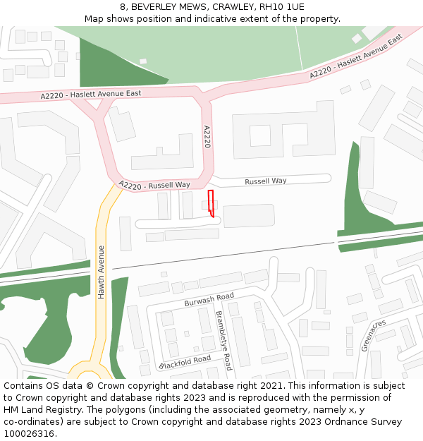8, BEVERLEY MEWS, CRAWLEY, RH10 1UE: Location map and indicative extent of plot