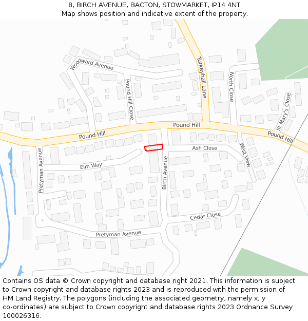 8, BIRCH AVENUE, BACTON, STOWMARKET, IP14 4NT: Location map and indicative extent of plot