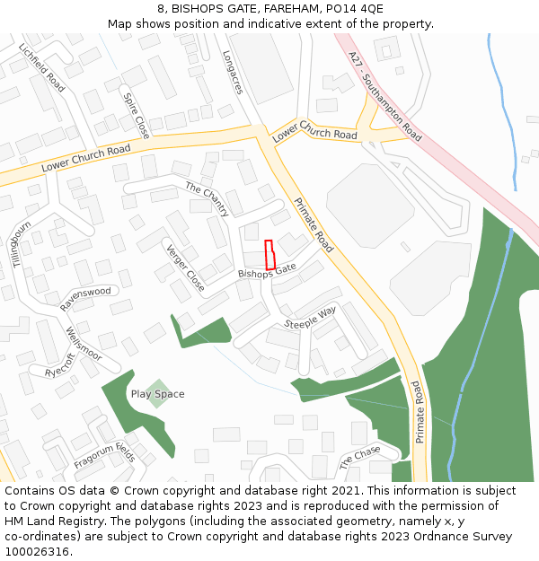 8, BISHOPS GATE, FAREHAM, PO14 4QE: Location map and indicative extent of plot