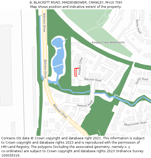 8, BLACKETT ROAD, MAIDENBOWER, CRAWLEY, RH10 7NH: Location map and indicative extent of plot