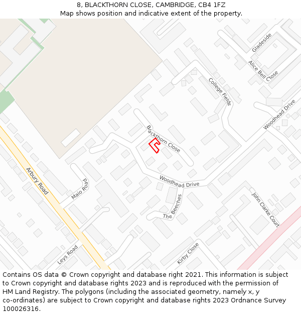 8, BLACKTHORN CLOSE, CAMBRIDGE, CB4 1FZ: Location map and indicative extent of plot