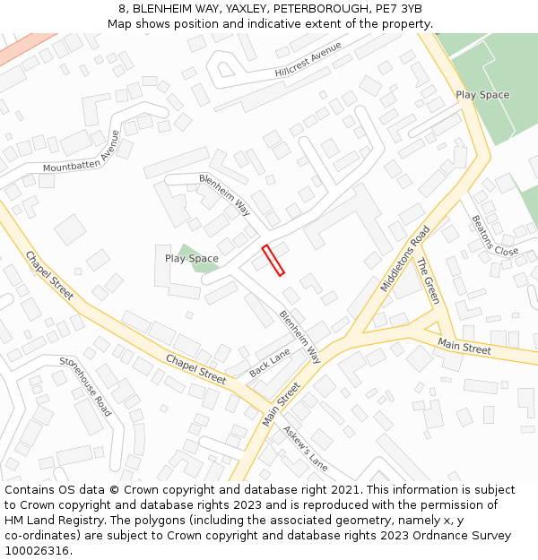 8, BLENHEIM WAY, YAXLEY, PETERBOROUGH, PE7 3YB: Location map and indicative extent of plot