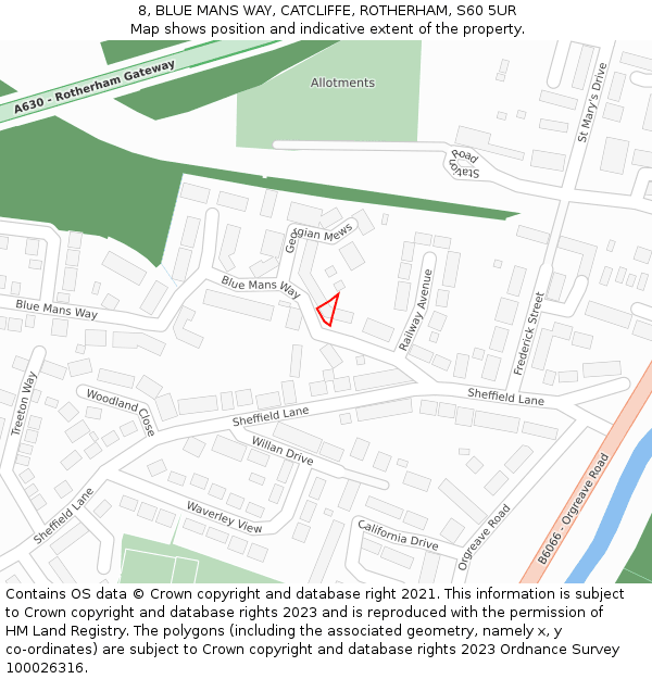 8, BLUE MANS WAY, CATCLIFFE, ROTHERHAM, S60 5UR: Location map and indicative extent of plot
