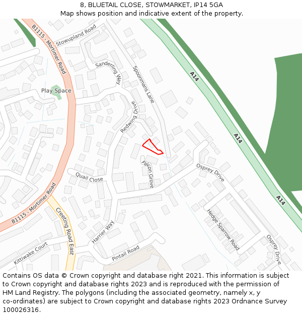 8, BLUETAIL CLOSE, STOWMARKET, IP14 5GA: Location map and indicative extent of plot
