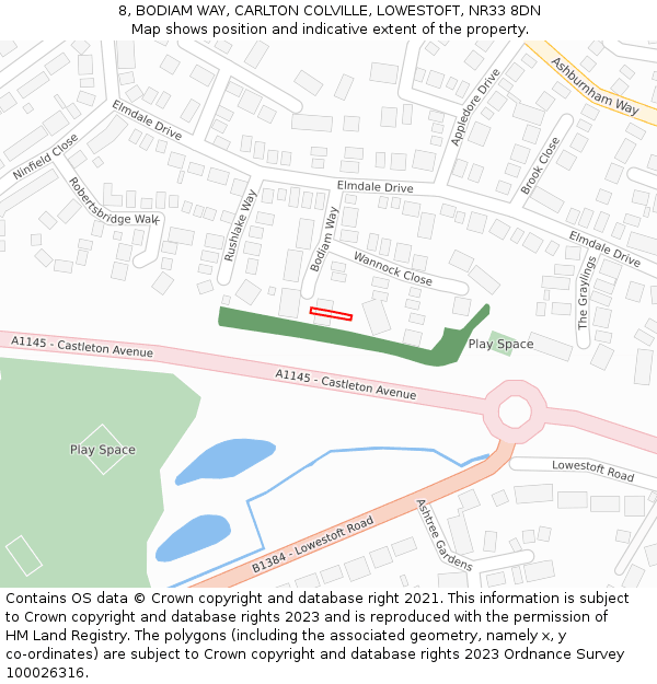 8, BODIAM WAY, CARLTON COLVILLE, LOWESTOFT, NR33 8DN: Location map and indicative extent of plot