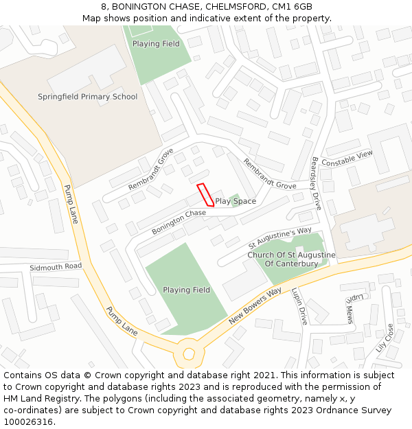 8, BONINGTON CHASE, CHELMSFORD, CM1 6GB: Location map and indicative extent of plot