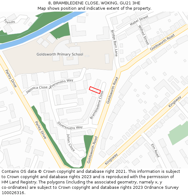 8, BRAMBLEDENE CLOSE, WOKING, GU21 3HE: Location map and indicative extent of plot