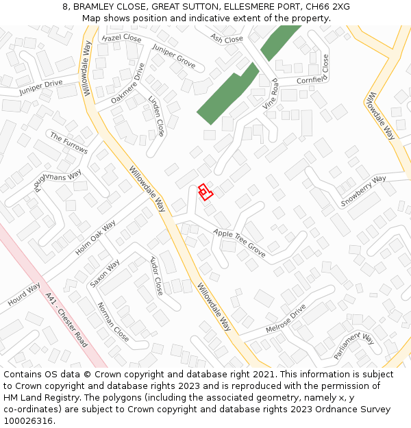 8, BRAMLEY CLOSE, GREAT SUTTON, ELLESMERE PORT, CH66 2XG: Location map and indicative extent of plot