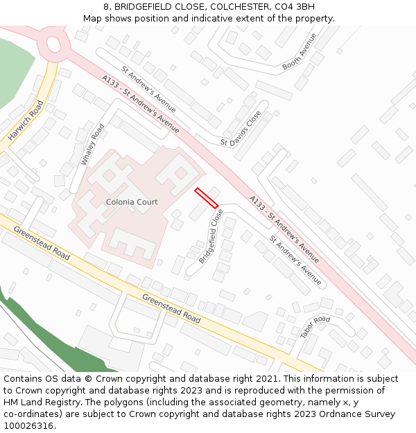 8, BRIDGEFIELD CLOSE, COLCHESTER, CO4 3BH: Location map and indicative extent of plot