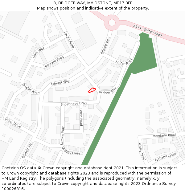 8, BRIDGER WAY, MAIDSTONE, ME17 3FE: Location map and indicative extent of plot