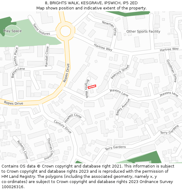 8, BRIGHTS WALK, KESGRAVE, IPSWICH, IP5 2ED: Location map and indicative extent of plot