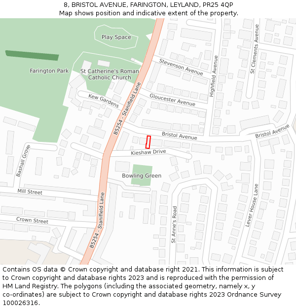 8, BRISTOL AVENUE, FARINGTON, LEYLAND, PR25 4QP: Location map and indicative extent of plot