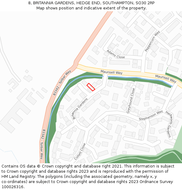 8, BRITANNIA GARDENS, HEDGE END, SOUTHAMPTON, SO30 2RP: Location map and indicative extent of plot