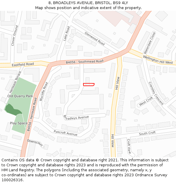 8, BROADLEYS AVENUE, BRISTOL, BS9 4LY: Location map and indicative extent of plot