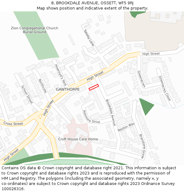 8, BROOKDALE AVENUE, OSSETT, WF5 9RJ: Location map and indicative extent of plot