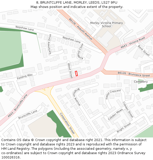 8, BRUNTCLIFFE LANE, MORLEY, LEEDS, LS27 9PU: Location map and indicative extent of plot