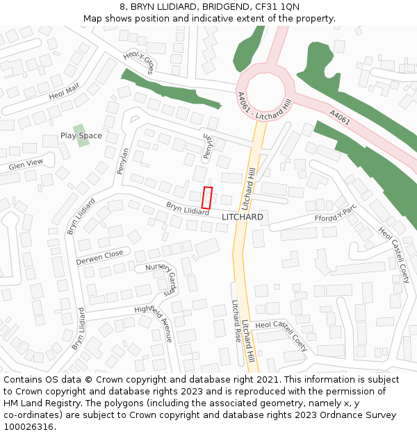 8, BRYN LLIDIARD, BRIDGEND, CF31 1QN: Location map and indicative extent of plot
