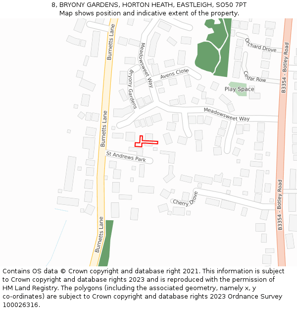 8, BRYONY GARDENS, HORTON HEATH, EASTLEIGH, SO50 7PT: Location map and indicative extent of plot