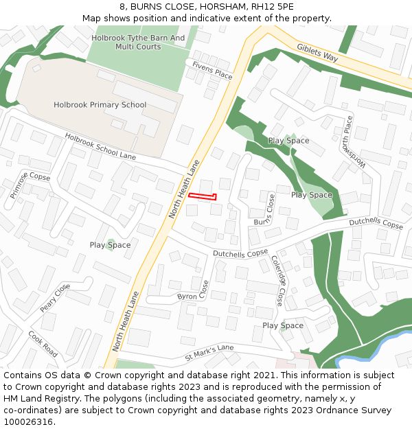 8, BURNS CLOSE, HORSHAM, RH12 5PE: Location map and indicative extent of plot