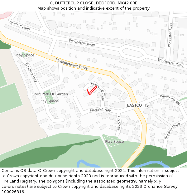 8, BUTTERCUP CLOSE, BEDFORD, MK42 0RE: Location map and indicative extent of plot