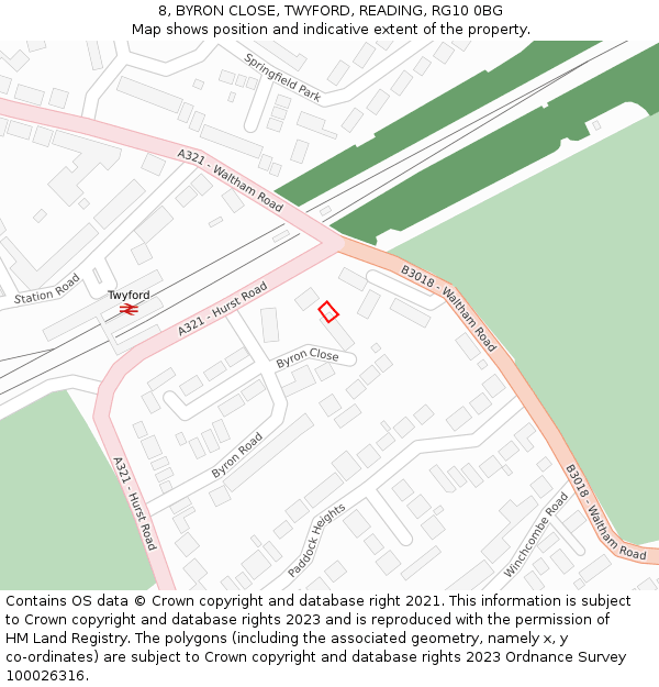 8, BYRON CLOSE, TWYFORD, READING, RG10 0BG: Location map and indicative extent of plot