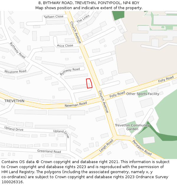 8, BYTHWAY ROAD, TREVETHIN, PONTYPOOL, NP4 8DY: Location map and indicative extent of plot