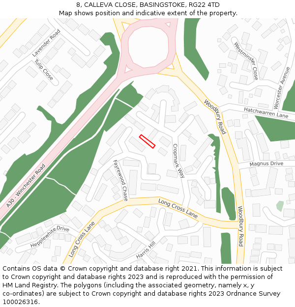 8, CALLEVA CLOSE, BASINGSTOKE, RG22 4TD: Location map and indicative extent of plot