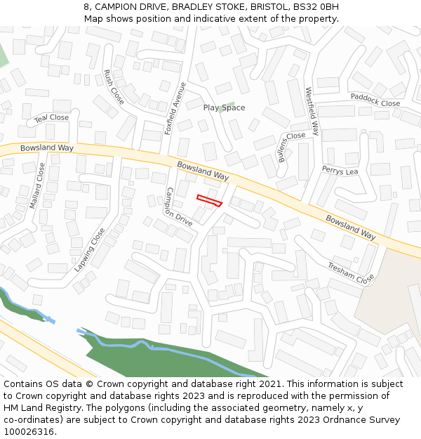 8, CAMPION DRIVE, BRADLEY STOKE, BRISTOL, BS32 0BH: Location map and indicative extent of plot