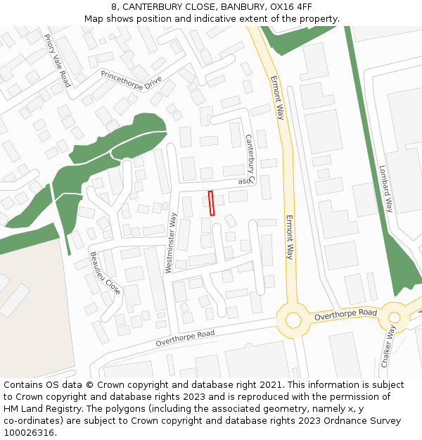 8, CANTERBURY CLOSE, BANBURY, OX16 4FF: Location map and indicative extent of plot