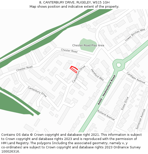 8, CANTERBURY DRIVE, RUGELEY, WS15 1GH: Location map and indicative extent of plot
